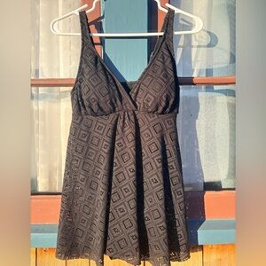 Black Tankini one piece Swimsuit with Geometric Pattern